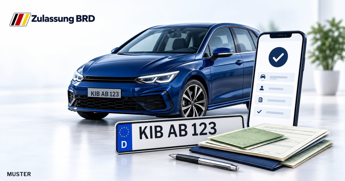 Online Fahrzeugzulassung in Kirchheimbolanden: Musterkennzeichen KIB AB 123, Auto und Fahrzeugpapiere und Smartphone. Illustration mit Logo von Zulassung BRD.